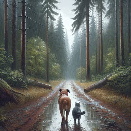 Cat and Dog Walking on Forest Trail in the Rain