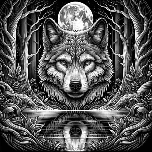 Detailed Black and White Wolf Tattoo Design with Forest Landscape and Moon