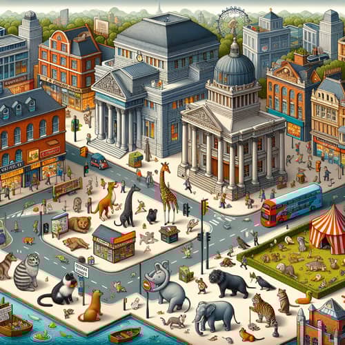 Detailed City Map with Buildings and Wild Animals