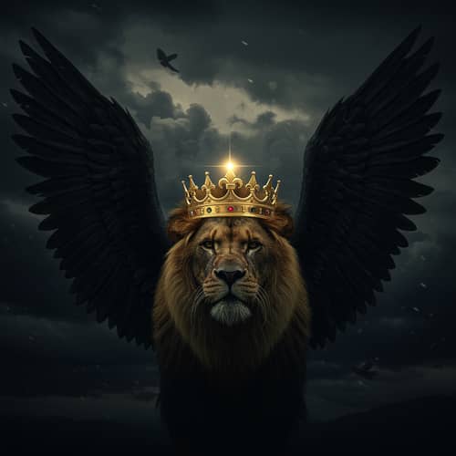 Black Angel Wings with Roaring Lion and Crown