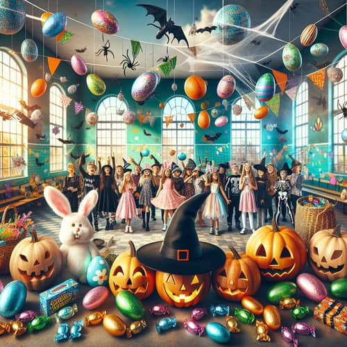 Whimsical Easter and Halloween Fusion in School Setting