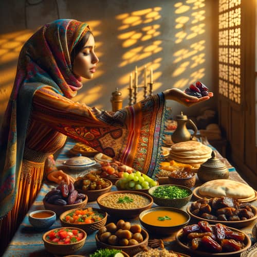 Hispanic Woman Reaching Ripe Date on Iftar Spread