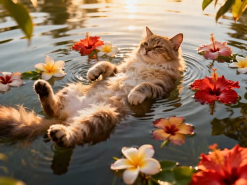 Cat Relaxing on Water with Hawaiian Flowers Cat Relaxing on Water with Hawaiian Flowers