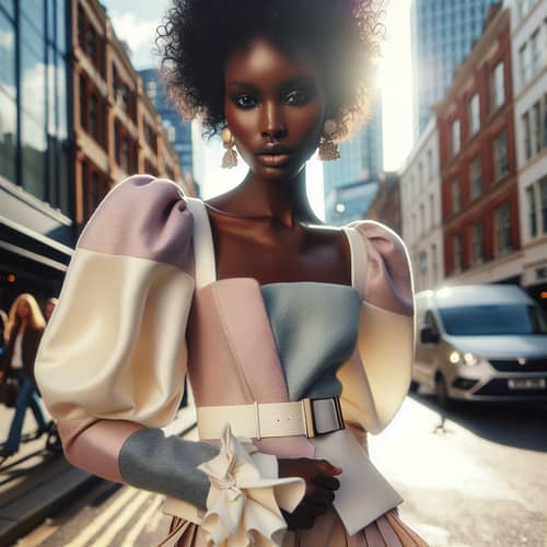 Bold Contemporary Fashion Model Strutting in Urban Setting