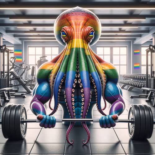 Muscular Octopus Gym Scene with Rainbow Colors