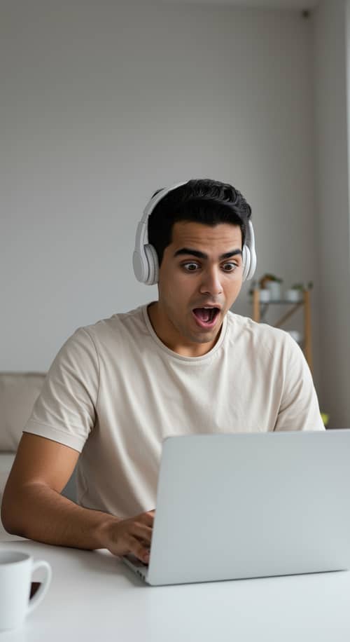 Surprised Man at Minimalist Desk
