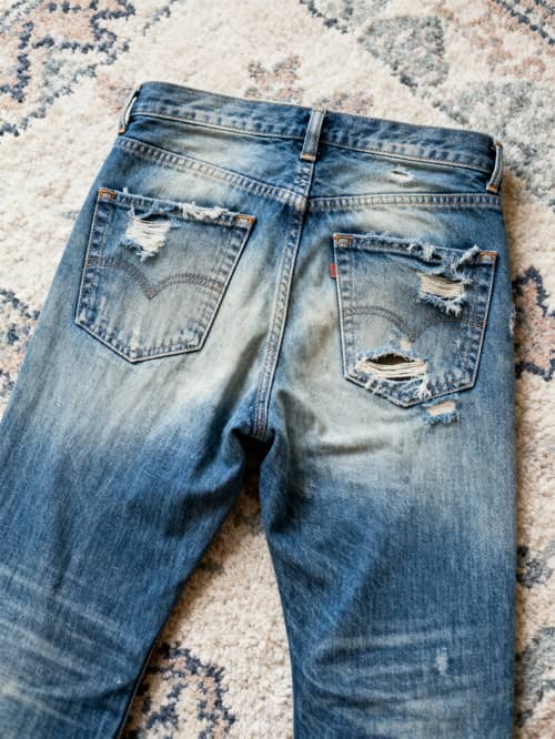 Distressed Blue Jeans with Fraying and Rips Distressed Blue Jeans with Fraying and Rips