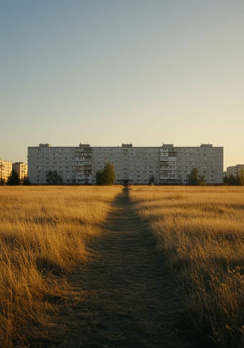 Soviet Apartment Block in a Serene Field