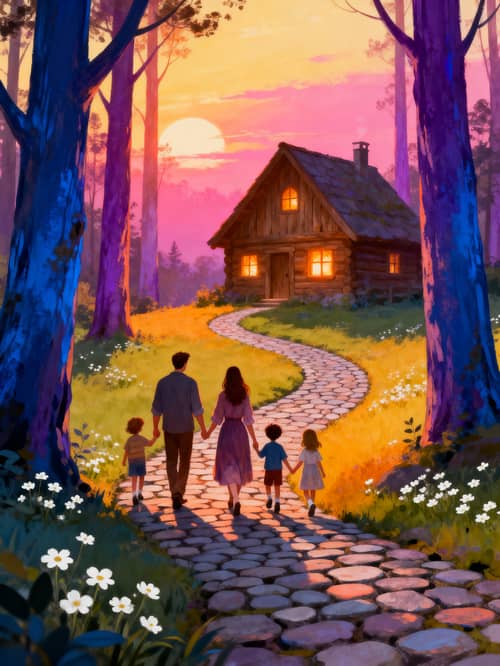 Magical Family Walk to a Cozy Cottage Illustration Magical Family Walk to a Cozy Cottage Illustration