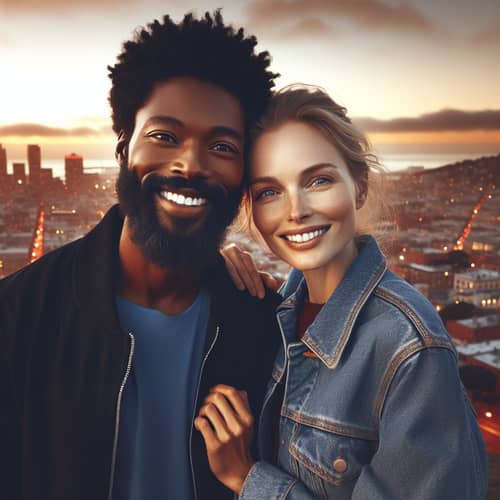 Urban Friendship Moment at Sunset with Diverse Couple
