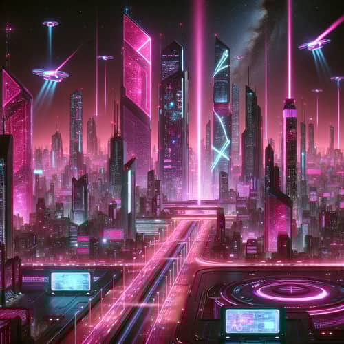Futuristic Pink Cityscape: High-Tech Skyscrapers & Neon Lights