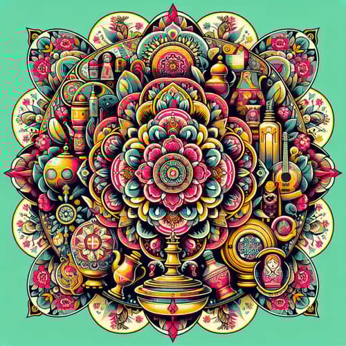 Intricate Russian Design Rosette Bursting with Folk Motifs
