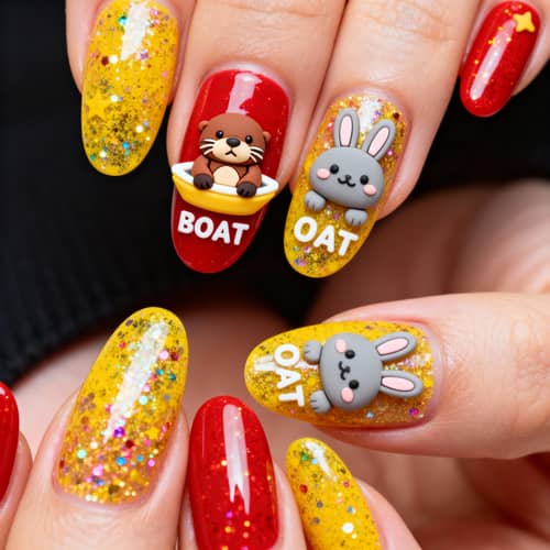 Kawaii Nail Art: Glittery Otter & Rabbit Design Kawaii Nail Art: Glittery Otter & Rabbit Design