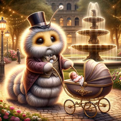 Fluffy Caterpillar in 19th Century Attire: A Park Scene