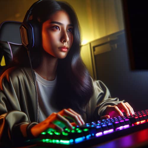 Intense South Asian Female Online Gamer on Colorful Backlit Keyboard