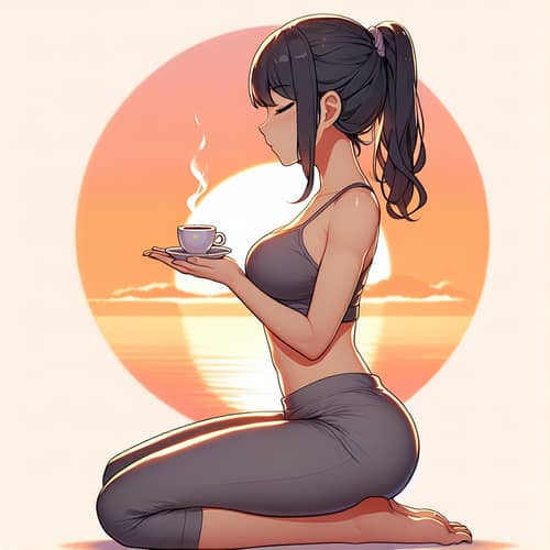 Anime-Style Asian Girl Yoga Meditation with Coffee