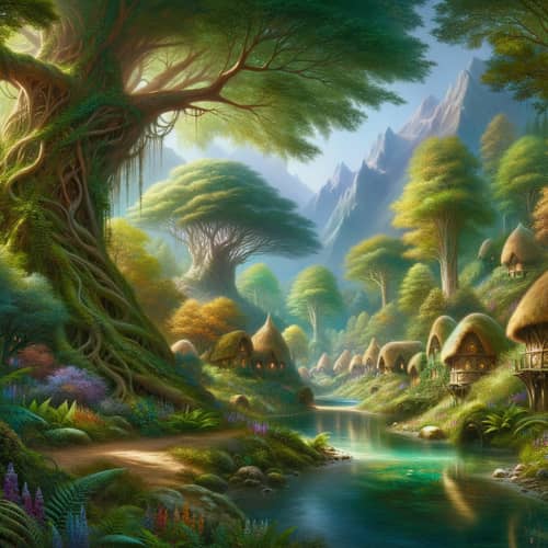 Enchanting Elvish Landscape: Mythical Forest, Crystal Brook, Serene Village