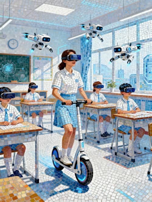 Future School Classroom with Flying Robots and VR Future School Classroom with Flying Robots and VR