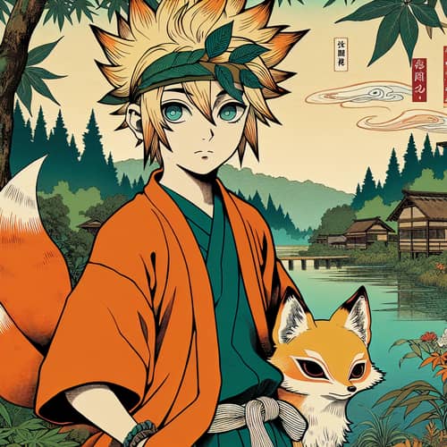 Ukiyo-E Inspired Scene: Boy with Fox Spirit in Serene Forest