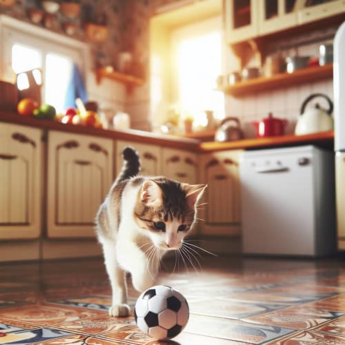 Domestic Cat Playing Football in Vibrant Kitchen Scene