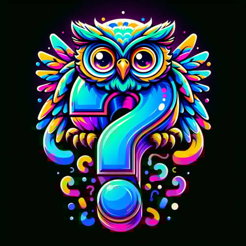 Curious Owl Perched on Vibrant Question Mark - Eye-catching Art