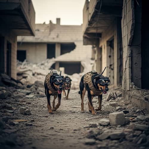 Dogs in Combat Gear Patrolling War Zone Ruins
