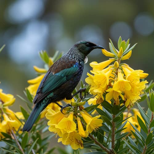Vibrant Tui Bird & Kowhaiwhai Flowers in New Zealand