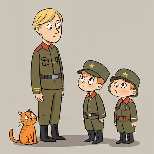 Blonde Man and Boys in Russian Army Outfits