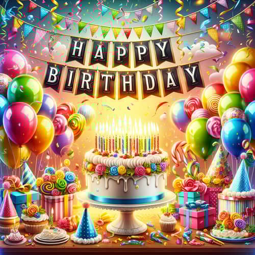 Vibrant Birthday Celebration with Cake and Balloons