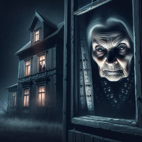 Terrifying Elderly Lady Peeking Out of Abandoned House at Night