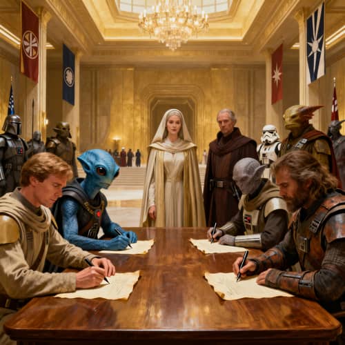 Treaty Signing Ceremony: Humans, Duros, Alderaans, Corellians Treaty Signing Ceremony: Humans, Duros, Alderaans, Corellians