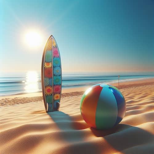 Tranquil Summer Beach Scene: Ball, Surfboard, Sun, Blue Sky