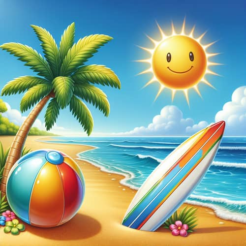 Summer Beach Scene: Ball, Surfboard, Coconut Tree & Sun