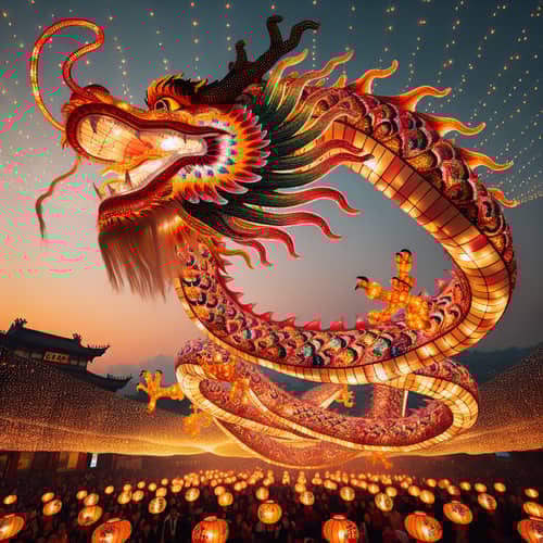 Colorful Chinese New Year Dragon Dancing in Sky - Festive Celebration