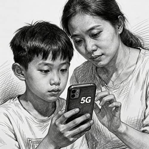 Realistic Pencil Drawing of a Mom and Kid with 5G Realistic Pencil Drawing of a Mom and Kid with 5G