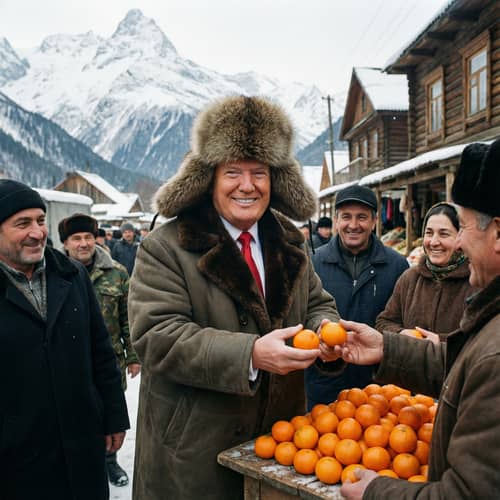 Trump in the Mountains with a Ushanka and Mandarins Trump in the Mountains with a Ushanka and Mandarins
