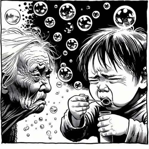 Diverse Child Blowing Bubbles: Monochrome Illustration