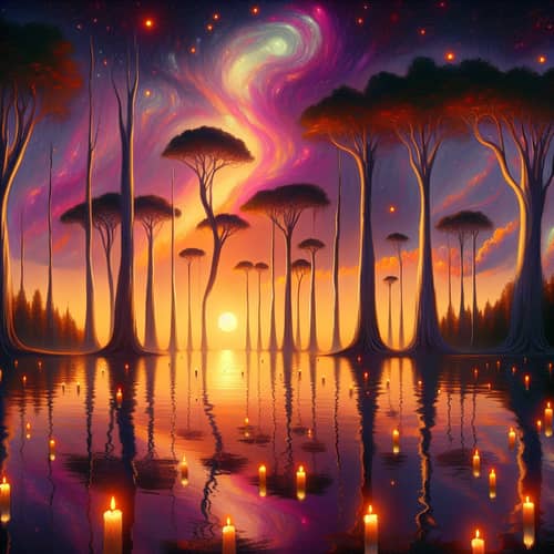 Tranquil Lake at Sunset with Floating Candles | Dreamlike Scene