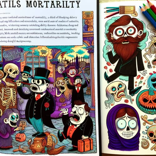 Quirky Coloring Book Page on Mortality with Humor