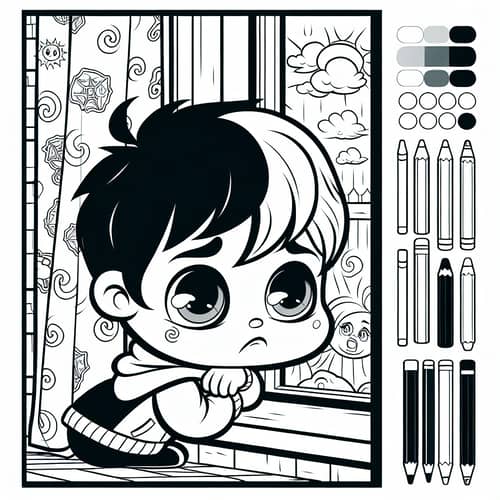 Whimsical Coloring Book Page with a Young Child