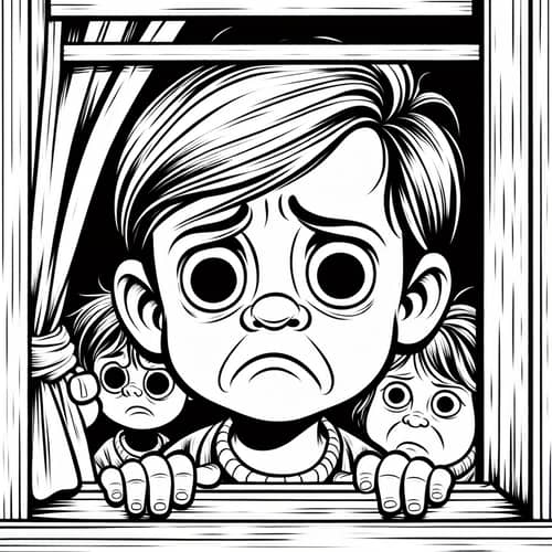 Cartoon Coloring Page of Sad Child Looking Out Window