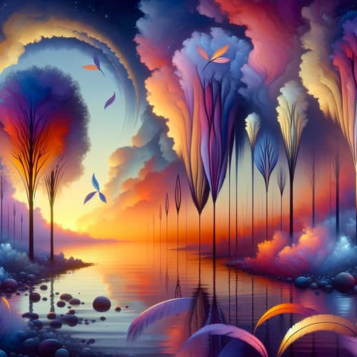 Dreamlike Sunset Scene at Serene Lake | Surrealistic Style Inspiration