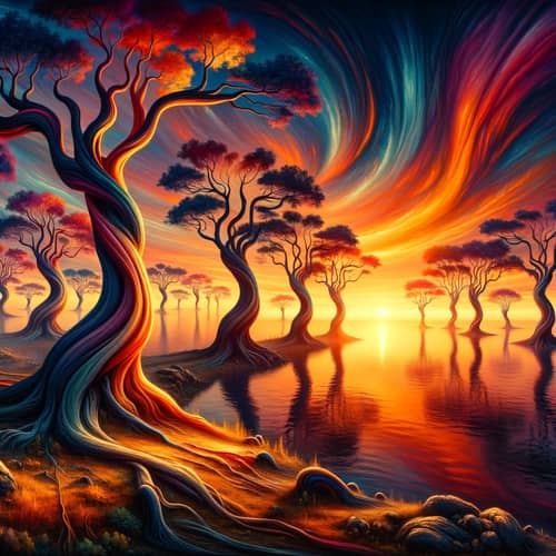 Surreal Sunset Scenery: Twisted Trees & Vibrant Colors