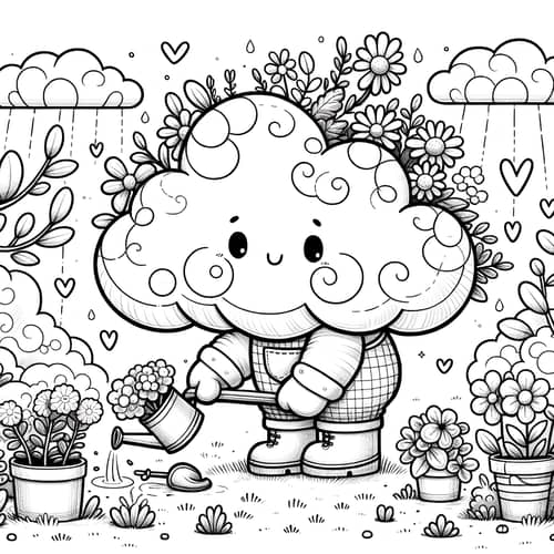 Whimsical Cloud Gardening Coloring Page | High-Res Adobe Design
