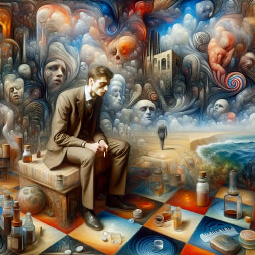 Surrealist Oil Painting of Man in Addiction Struggle