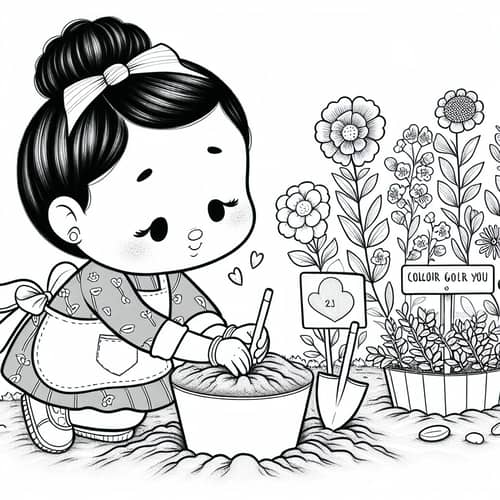 Whimsical Cartoon Drawing of Child Honoring Loved One with Garden