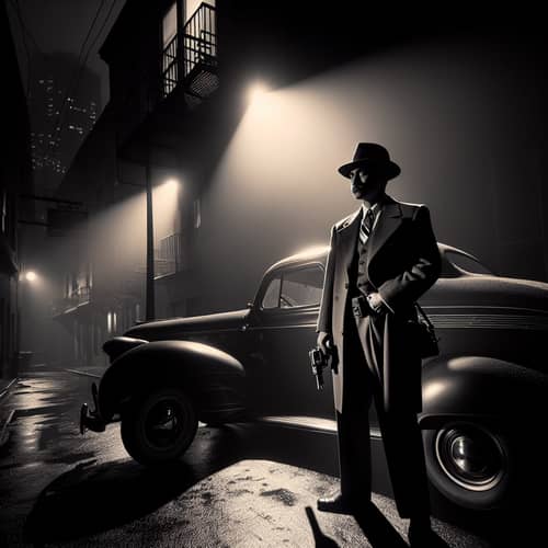 Vintage Noir Scene: Lone Armed Chauffeur by Streetlight