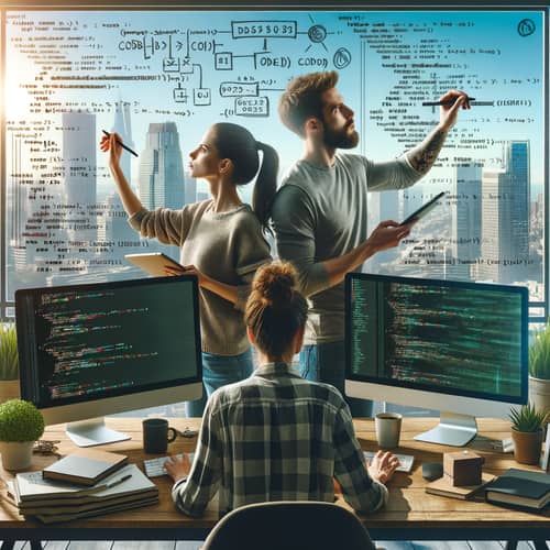 Programmer PC Wallpaper: Modern Workspace with Diverse Programmers