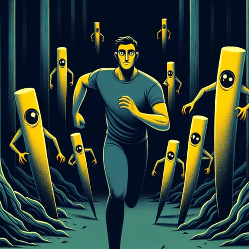 Running through a dark forest with yellow creatures