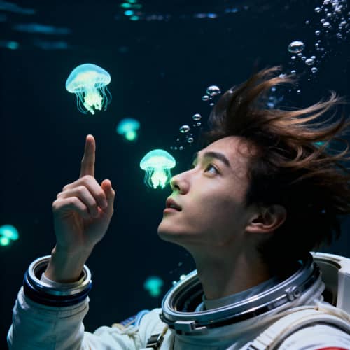 Underwater Astronaut Captivated by Jellyfish Underwater Astronaut Captivated by Jellyfish